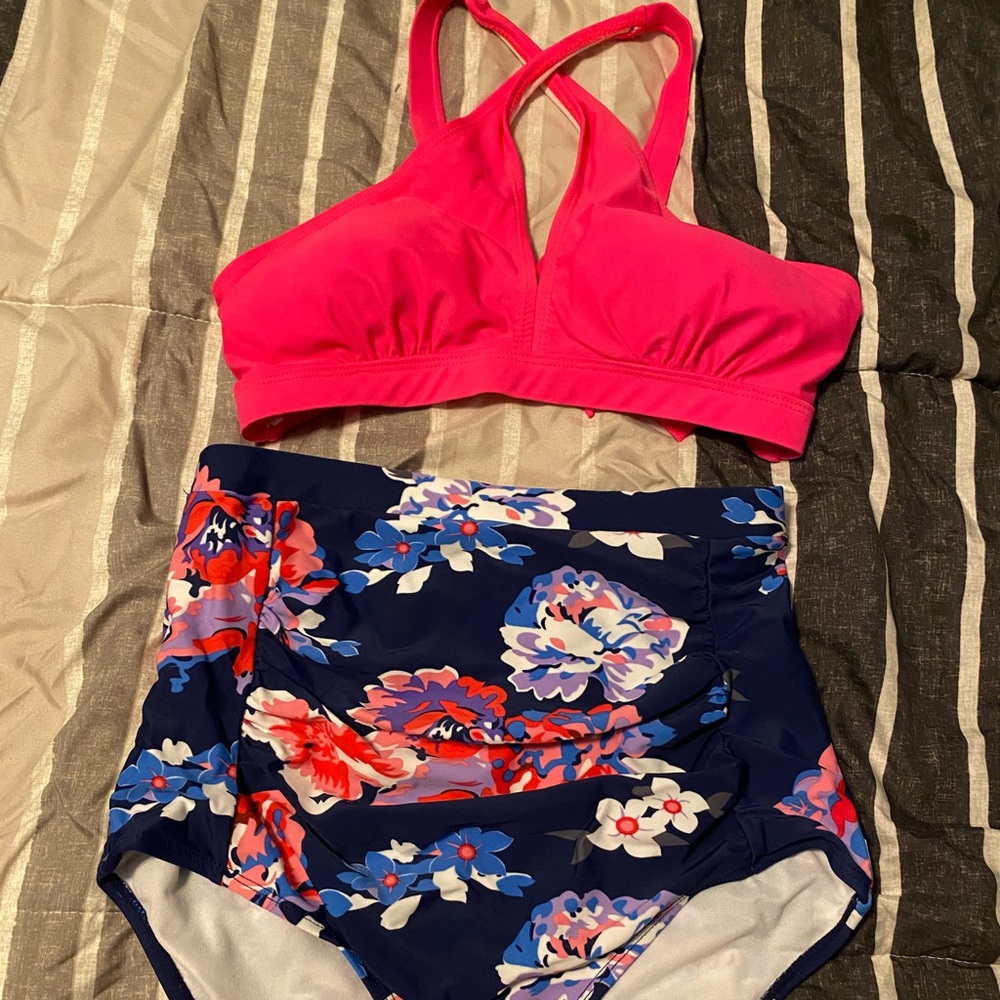 High Waisted Two Piece Floral Bikini Front Cross Swimsuit